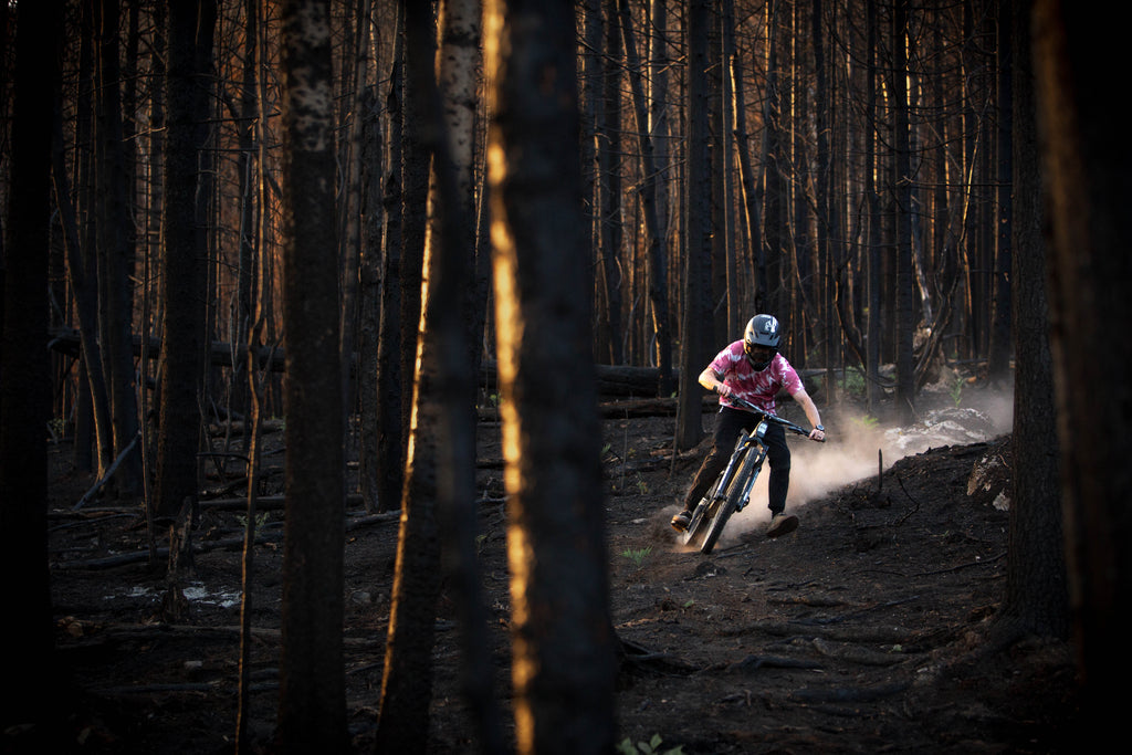 Guerrilla Gravity Mountain biker riding amongst burnt trees and blackened earth